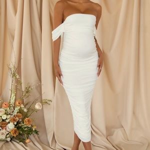 🎉 Club L London White Sexy 😍 ‘Bardot’ Ruched midi dress ❤️ NWT ✨ US sz 6 ! ✨
